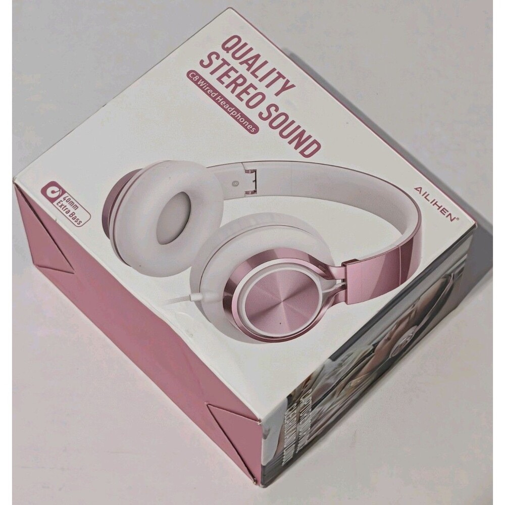 Ailihen C8 Wired Headphones Rose Gold Over Ear Microphone Stereo Open Box